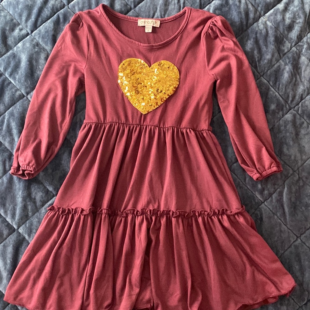 Girls maroon dress with sequin gold heart
